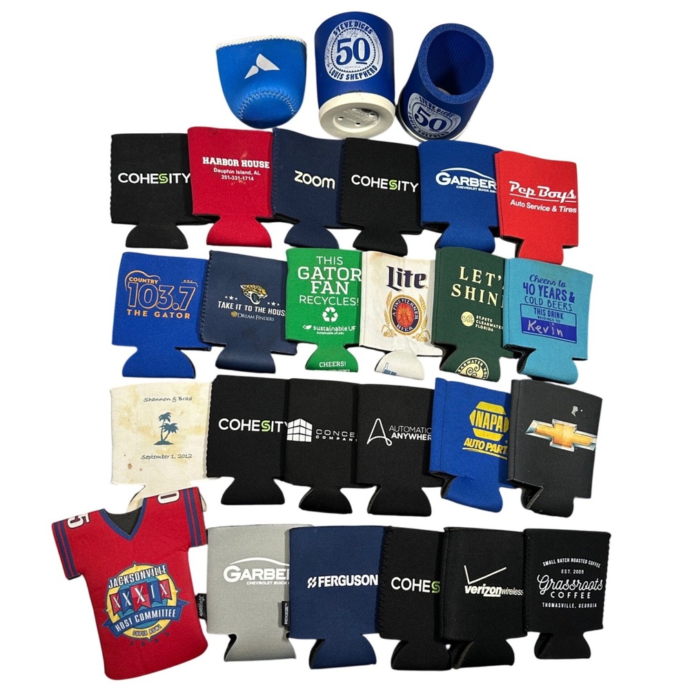 Lot of 27 Assorted Can Koozies Miller Lite Super Bowl NAPA Pep Boys Chevrolet
